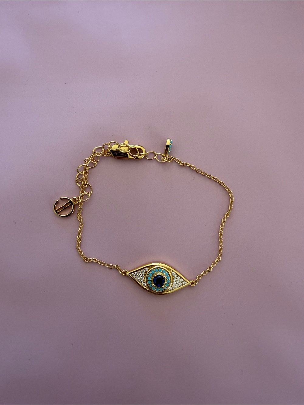 Gold Evil Eye Bracelet with Blue Center and Crystal Accents